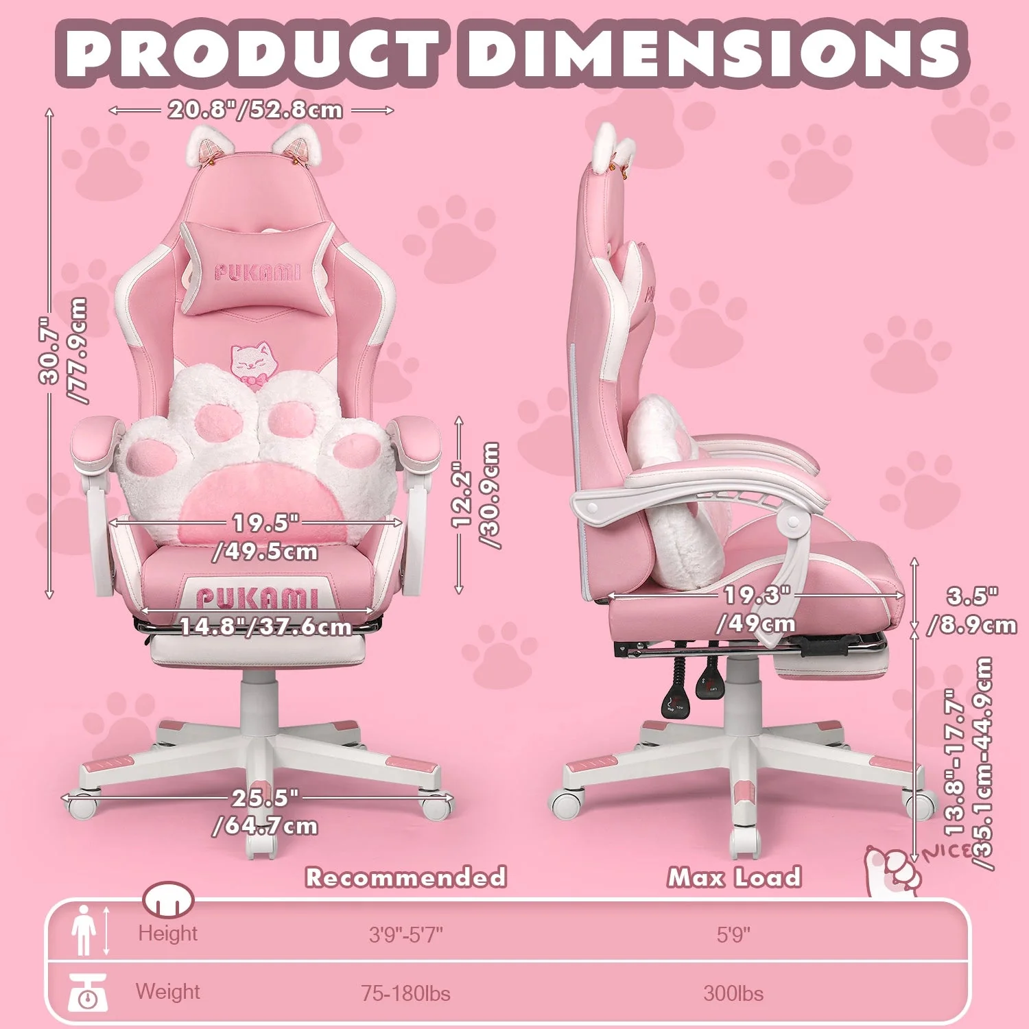 WALEAF Pink Gaming Chair,Ergonomic Computer Chair for adult with Cat Paw Lumbar Cushion and Cat Ears - Image 6