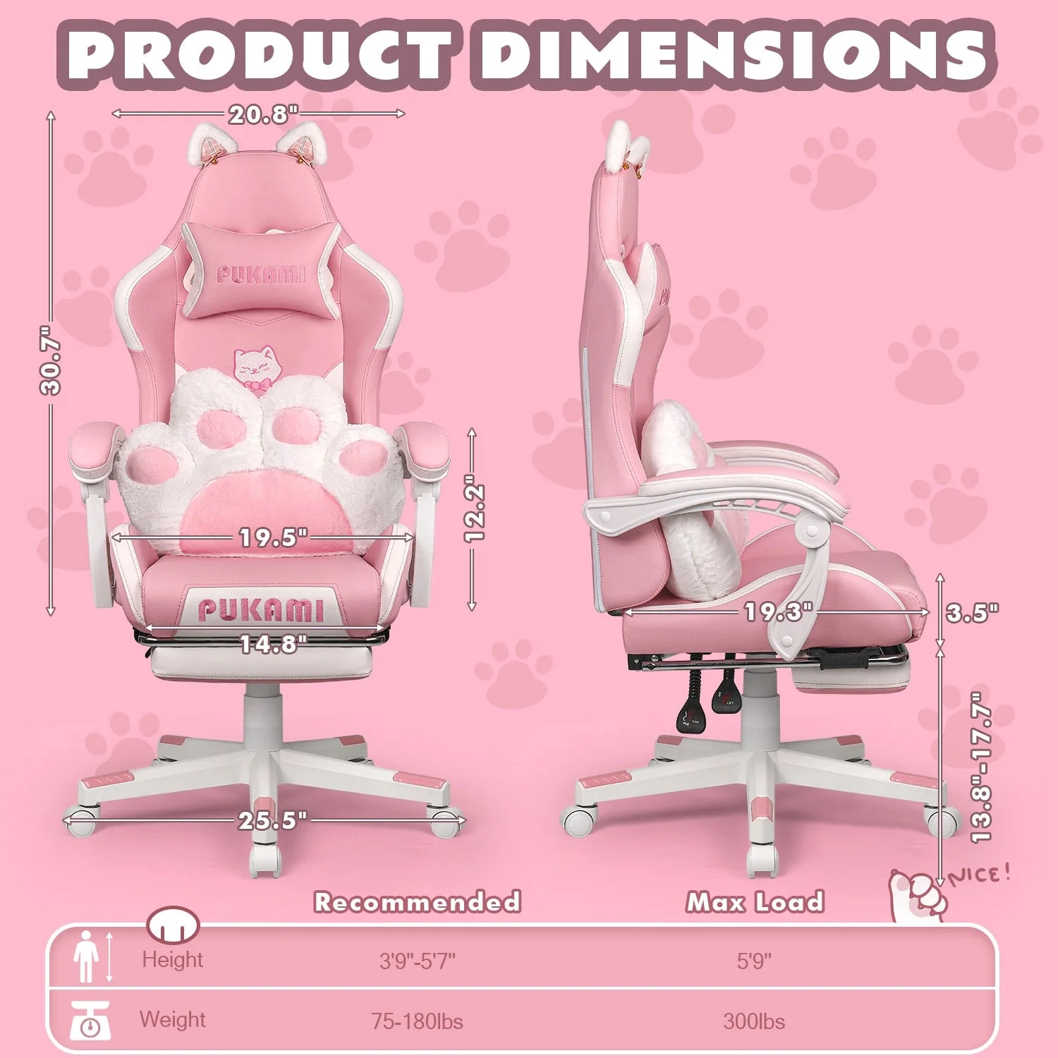 WALEAF Pink Gaming Chair,Ergonomic Computer Chair for adult with Cat Paw Lumbar Cushion and Cat Ears - Image 7