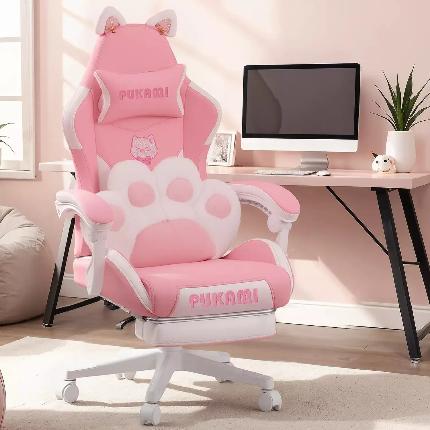 WALEAF Pink Gaming Chair,Ergonomic Computer Chair for adult with Cat Paw Lumbar Cushion and Cat Ears - Image 8