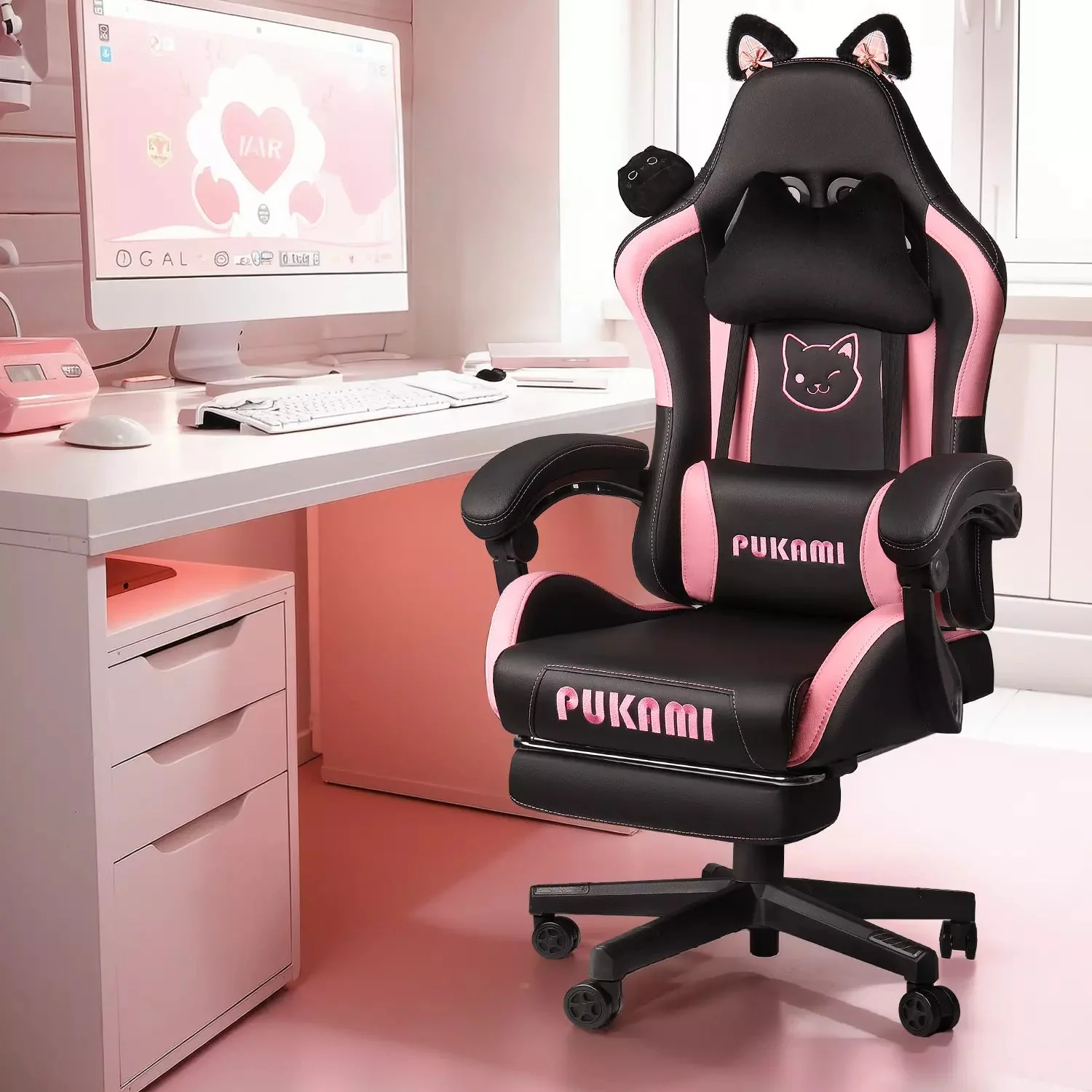 WALEAF Pink Gaming Chair,Ergonomic Computer Chair for adult with Cat Paw Lumbar Cushion and Cat Ears - Image 9