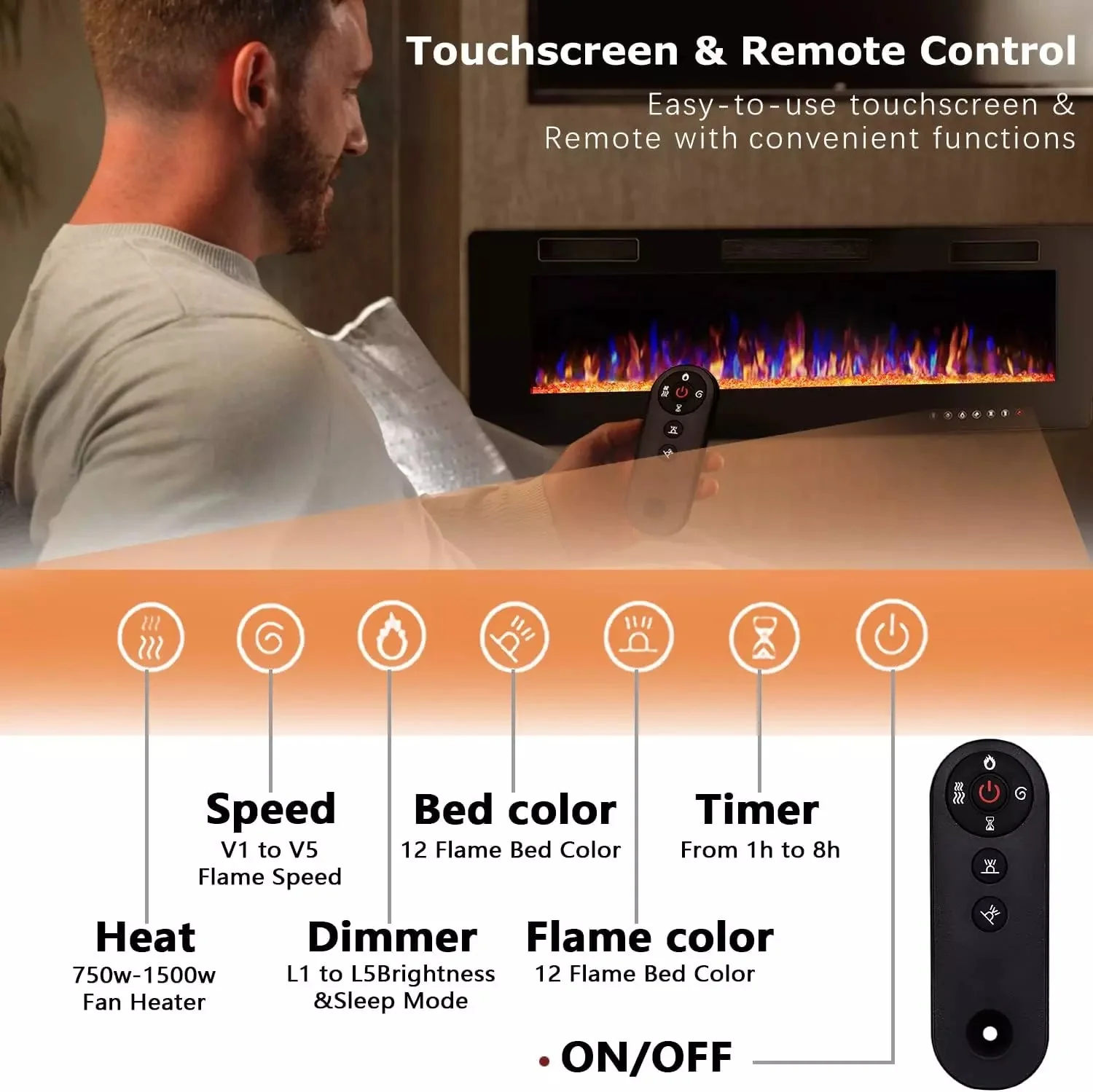 Vitesse Ultra-Thin Wall Mounted Electric Fireplace with Touch Screen and Remote - Image 5